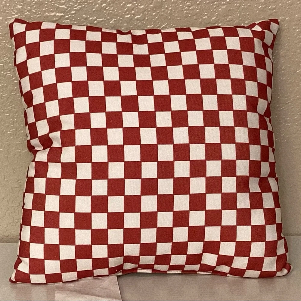 Green Fall Gnome & Mushrooms Throw Pillow with Checkerboard Back. New